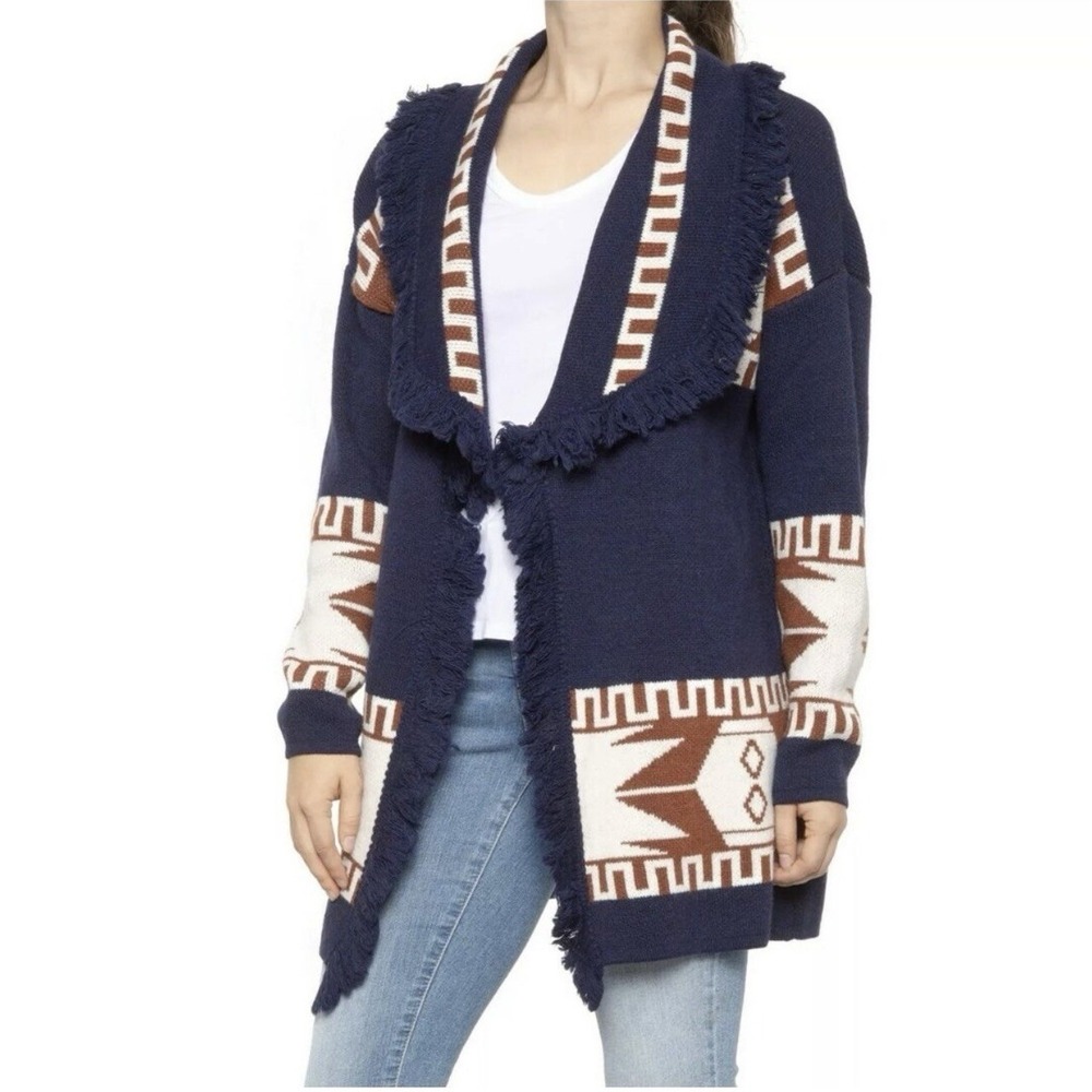 Cocogio Small Blue‎ Navajo Aztec Print Fringe Hem Open Front Cardigan Sweater